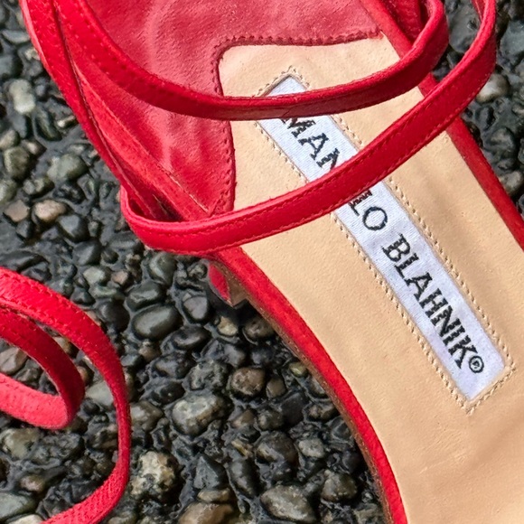 Manolo Blahnik Red Leather Strap Heels - Picture 2 of 3